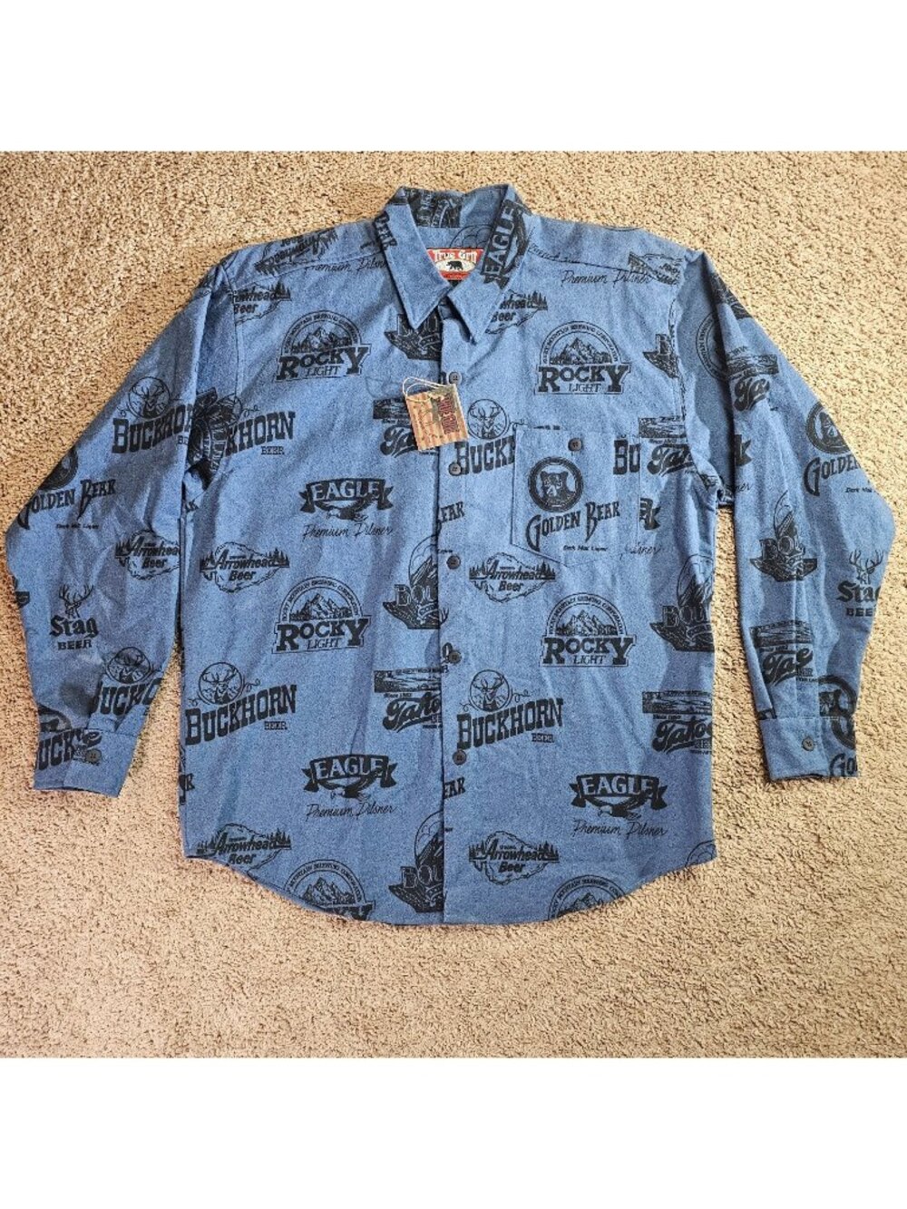 NWT True Grit Button Up Shirt Mens Large Blue Beer Logo Made in USA Vintage